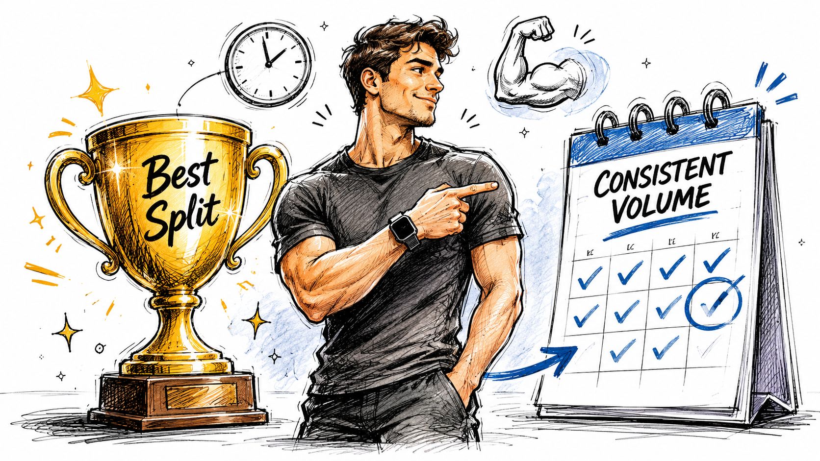 A fit man pointing at a calendar showing consistent volume next to a trophy labeled Best Split.