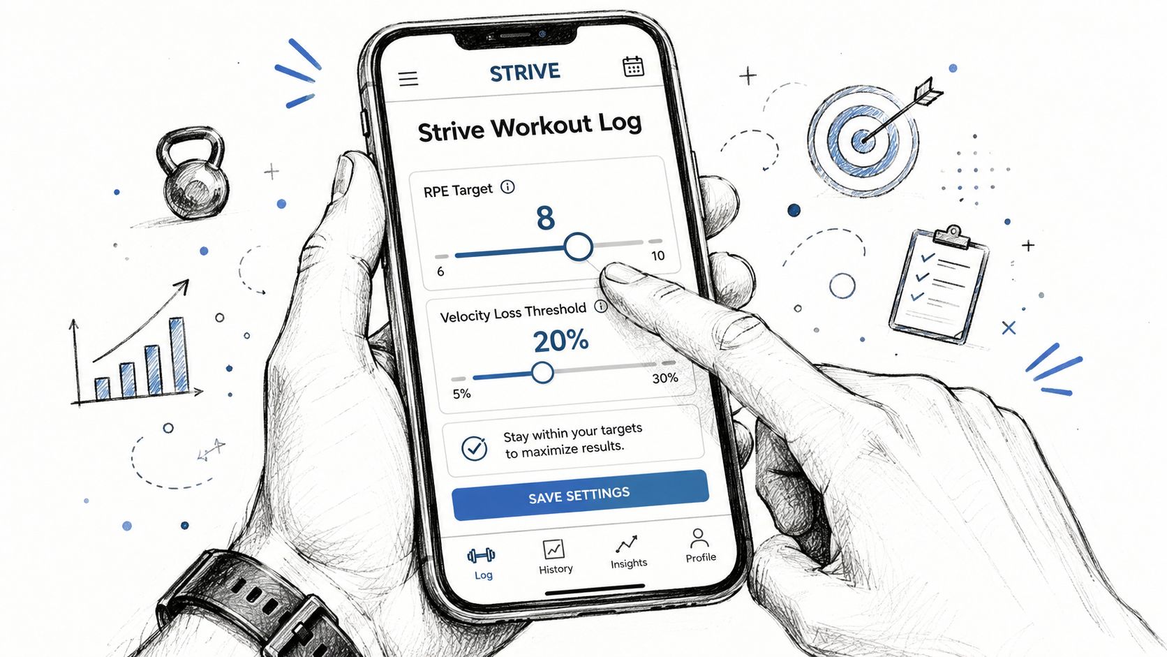 A hand holds a smartphone displaying the Strive app interface for tracking workout intensity and velocity metrics.