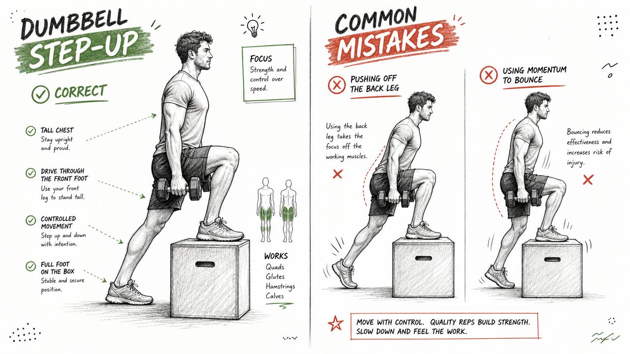 A detailed instructional infographic showing proper form for dumbbell step-ups and highlighting common mistakes to avoid.