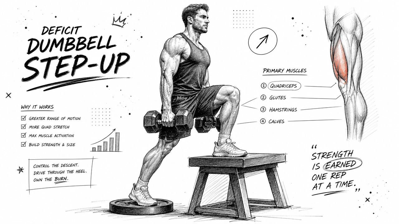 A detailed illustration explaining how to perform a deficit dumbbell step-up exercise for muscle growth.