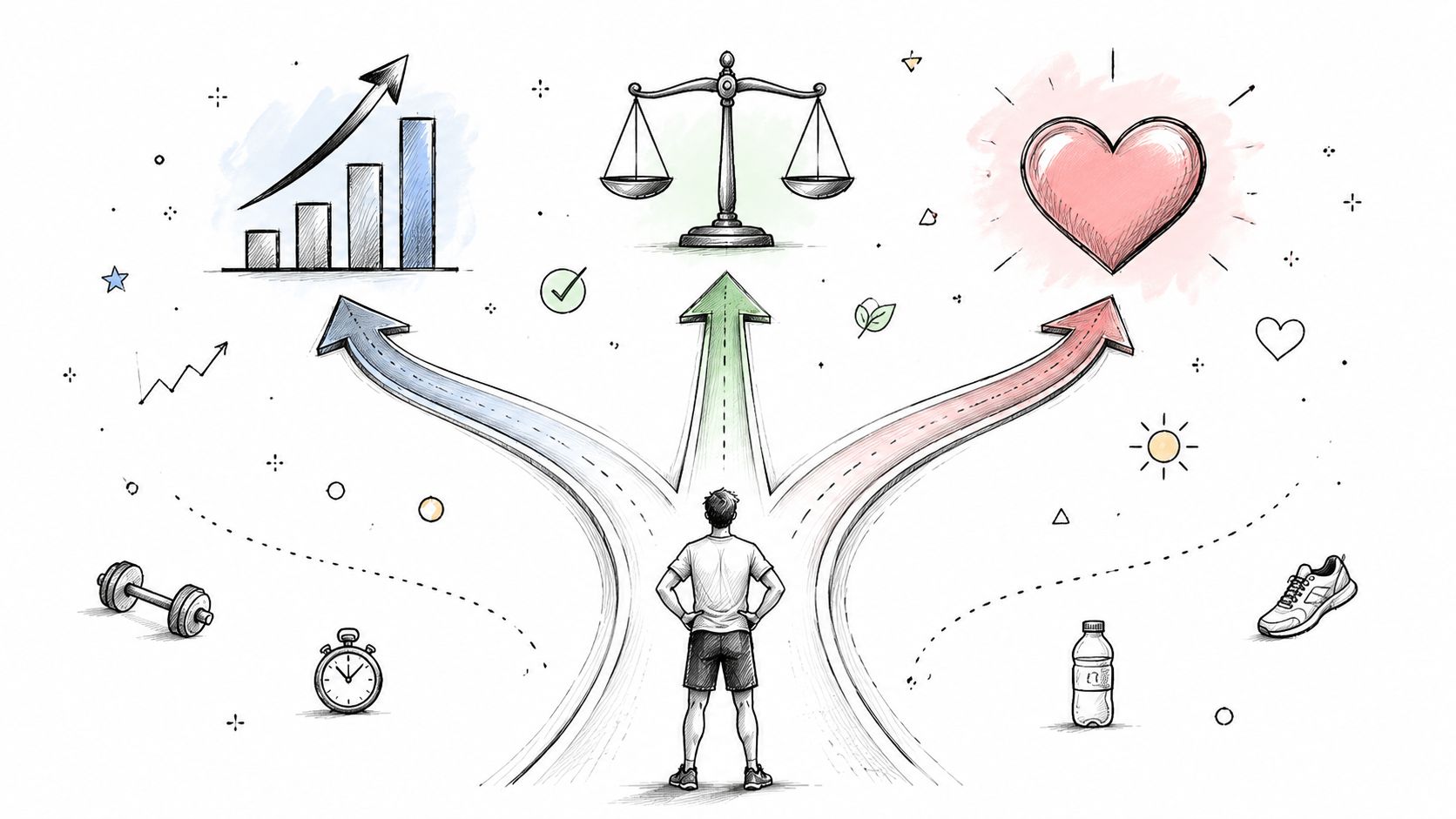 A person standing at a crossroads choosing between paths representing growth, balance, and health and wellness.