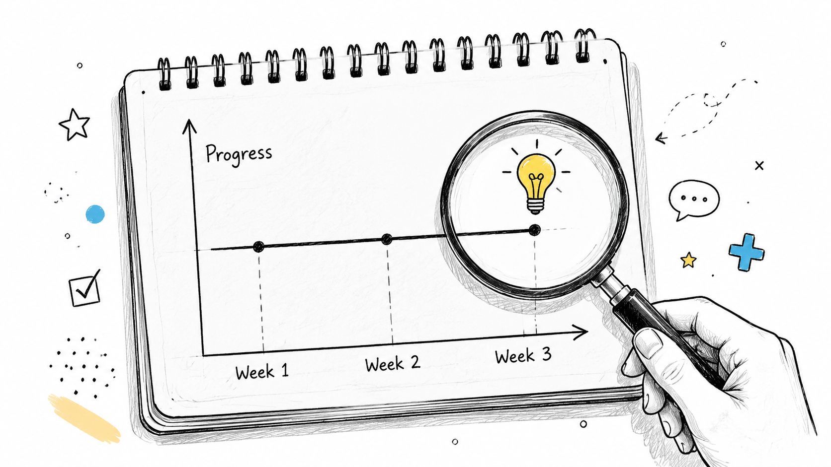 A hand holding a magnifying glass over a notebook page showing a progress graph over three weeks.