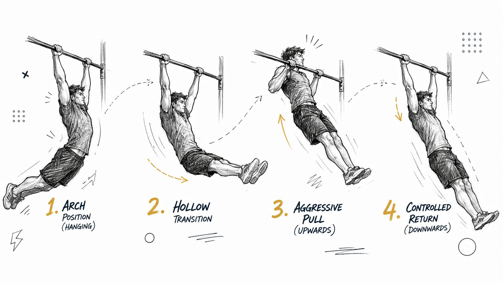 A step-by-step instructional illustration showing a man performing the four phases of a kipping pull-up exercise.