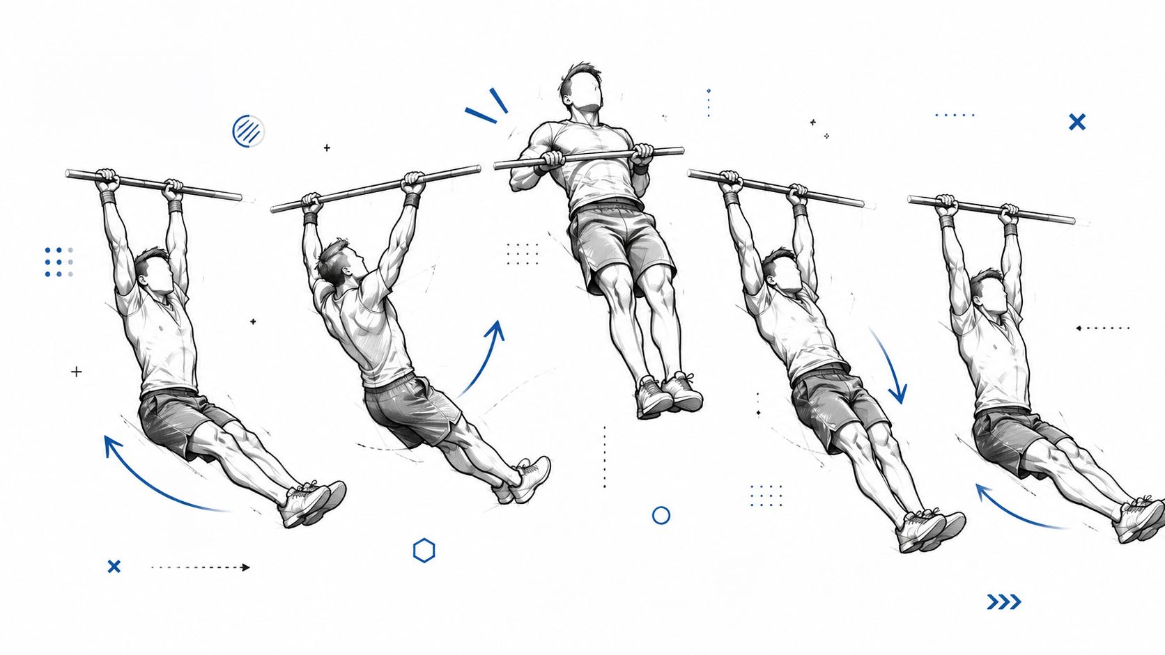A black and white fitness illustration showing the step-by-step movement of a kipping pull-up exercise.