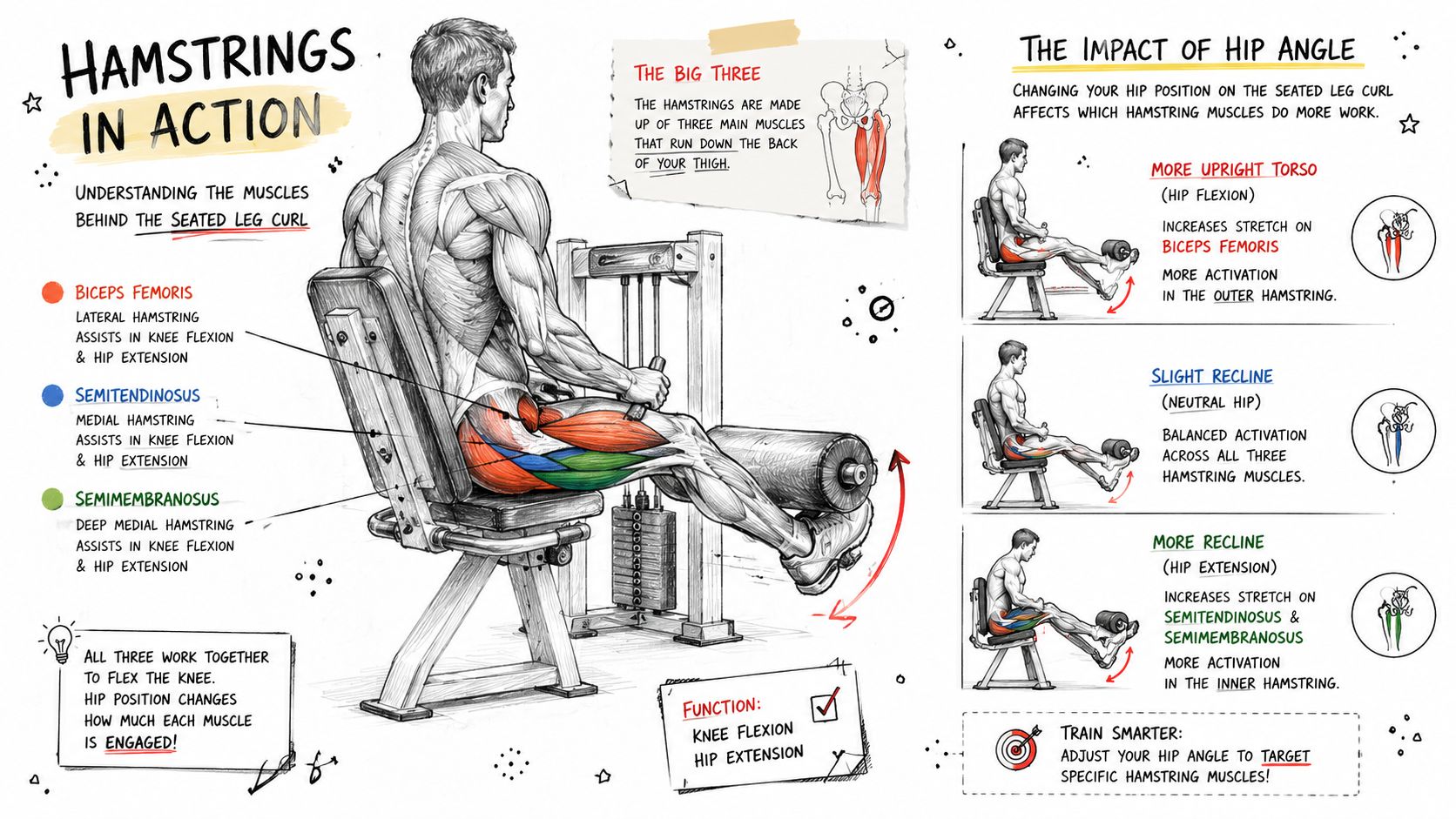 A diagram explaining how different hip angles on a seated leg curl machine target specific hamstring muscles.