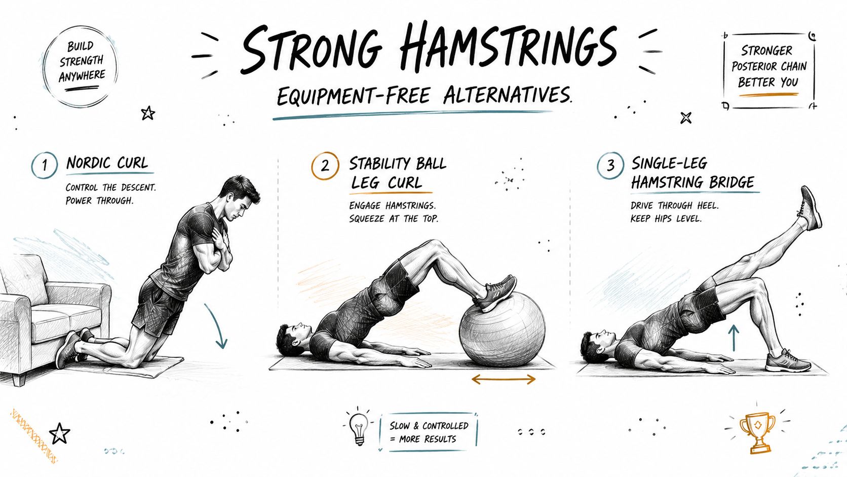 An instructional illustration showcasing three effective hamstring exercises that can be performed without any specialized gym equipment.