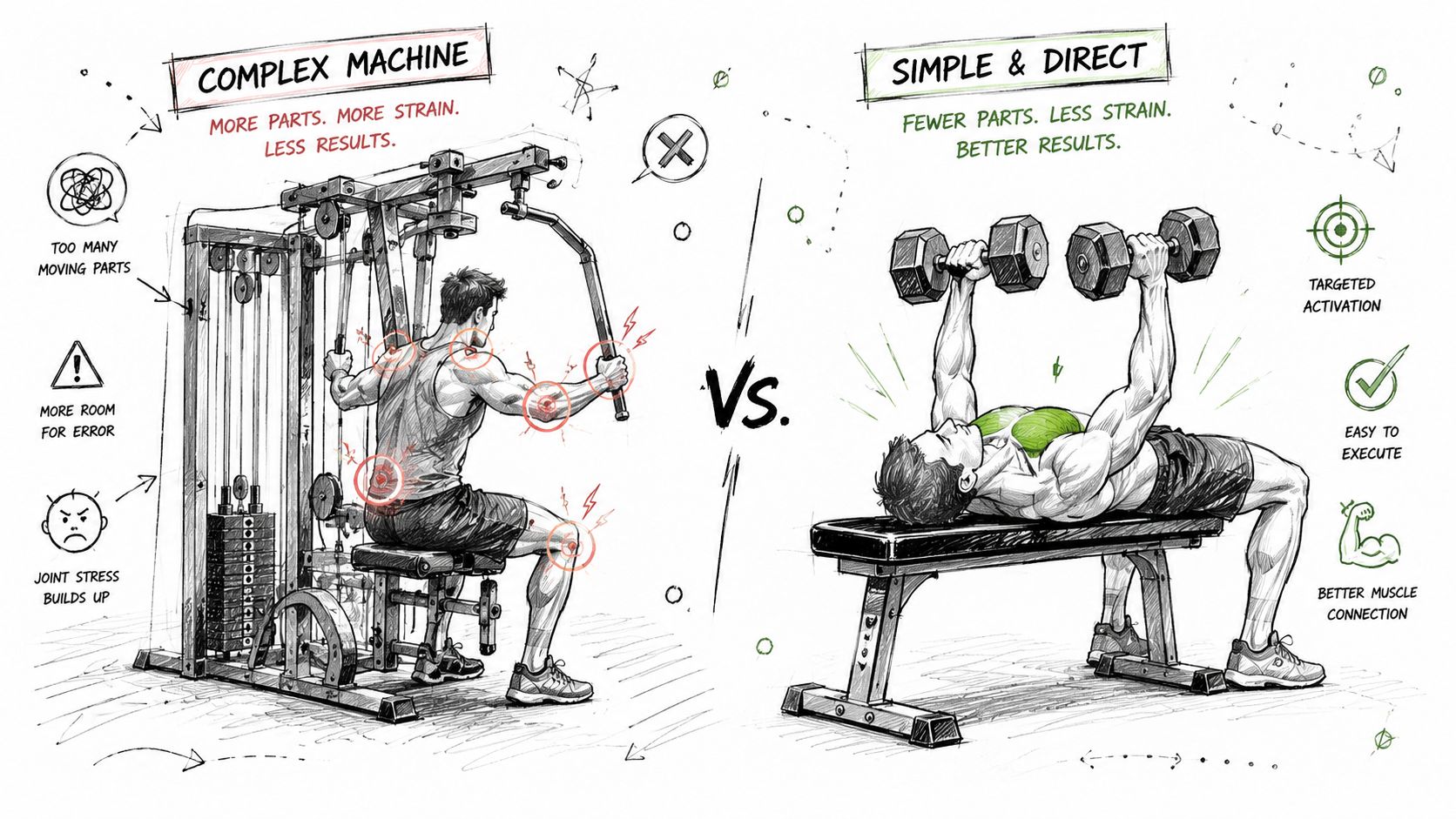 A comparison illustration showing a complex gym machine causing strain versus simple dumbbell exercises promoting muscle growth.