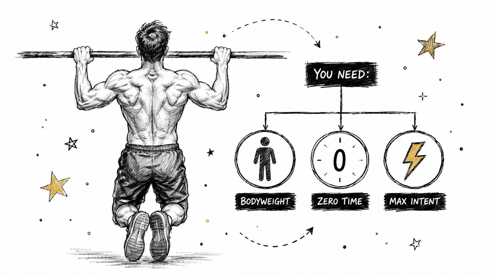 A hand-drawn illustration showing a muscular man doing a pull-up, highlighting bodyweight, zero time, and max intent.