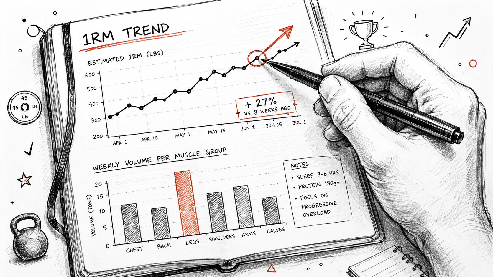 A hand drawing a progressive overload workout log showing strength gains and weekly muscle group volume data.