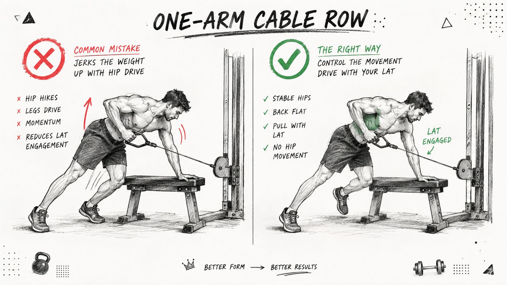 A diagram comparing the correct and incorrect form for performing a one-arm cable row exercise.