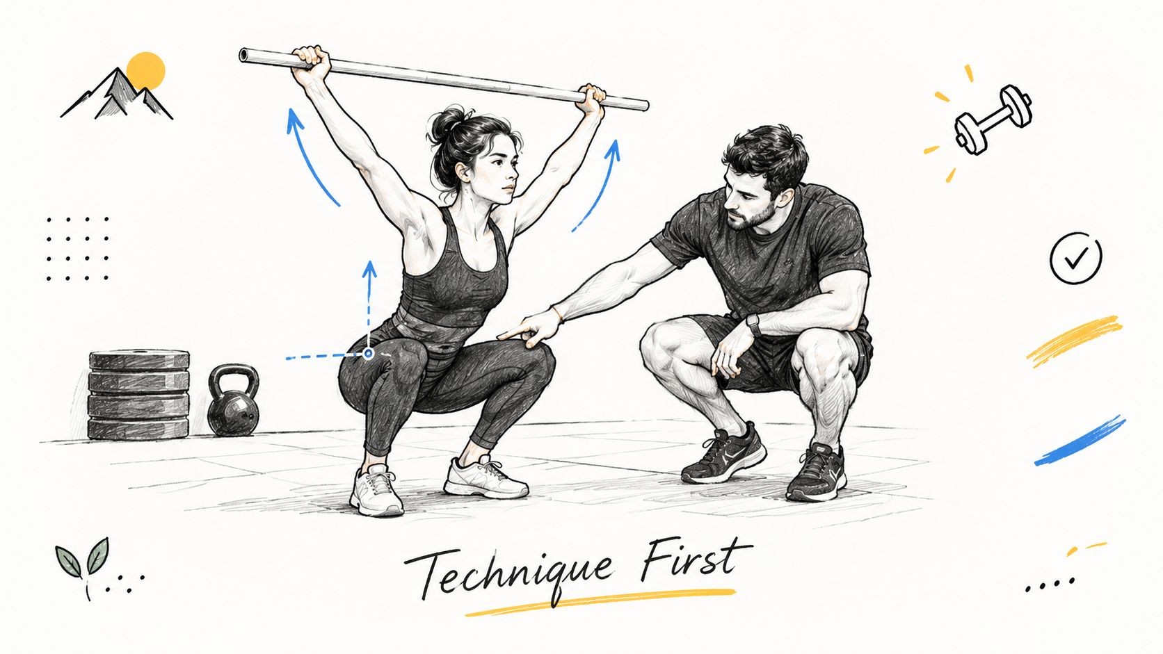 A personal trainer observing a female athlete performing an overhead squat with a barbell in a gym.