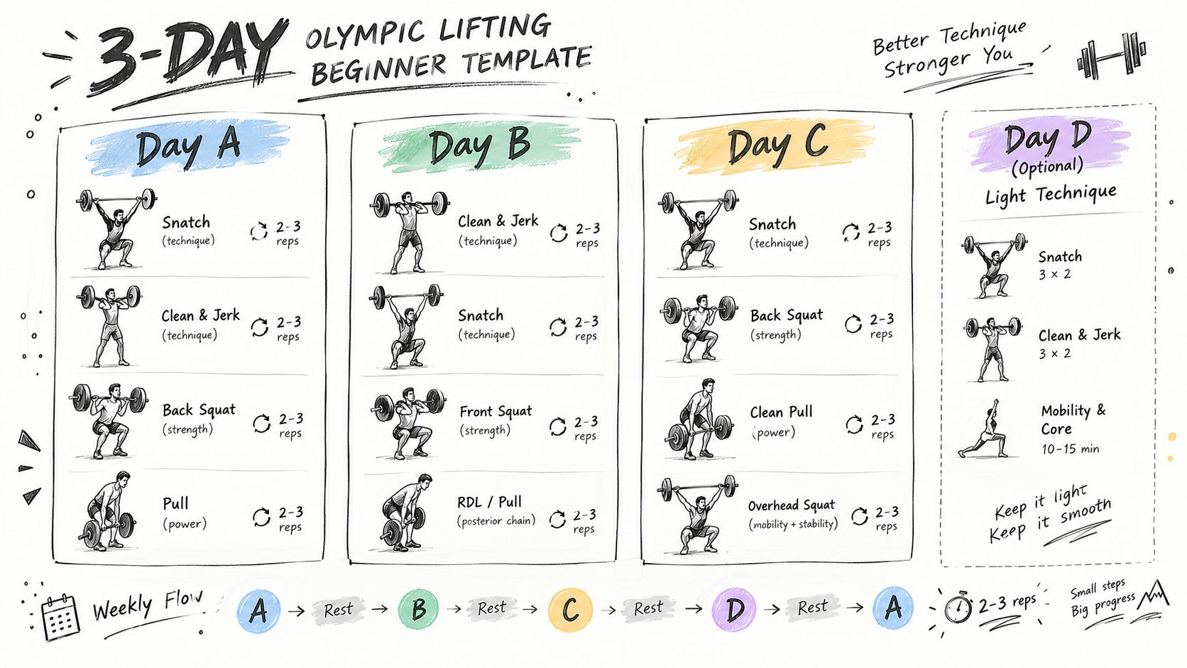 A hand-drawn beginner Olympic lifting workout template outlining daily exercises and weekly training flow schedules.
