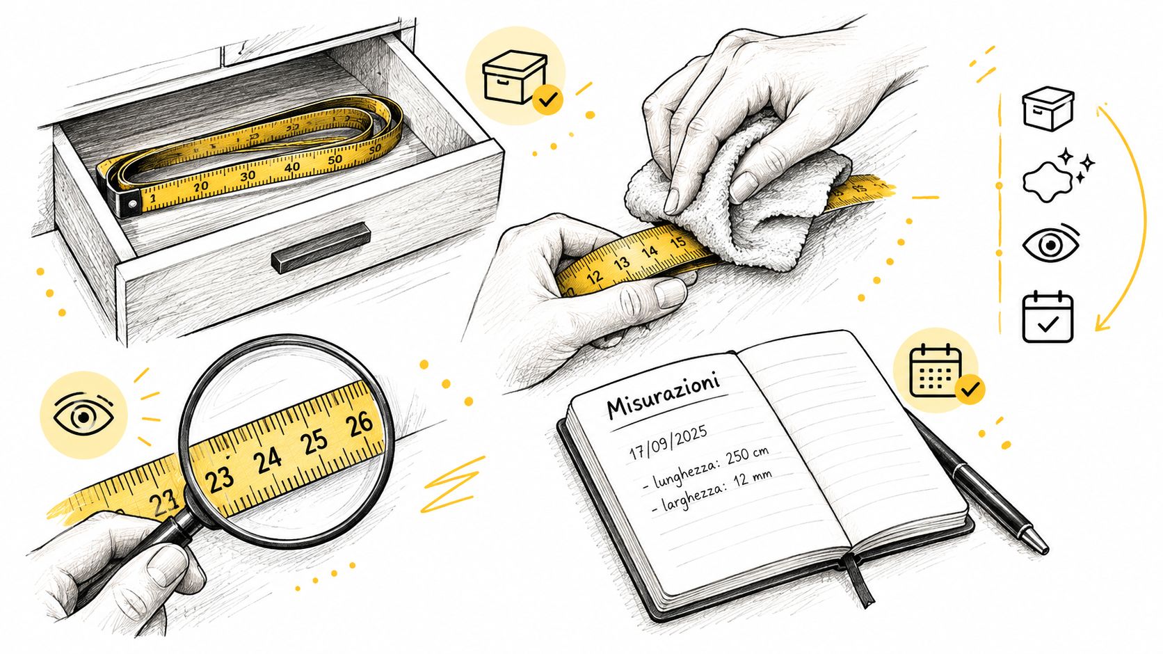 A hand-drawn illustration showing the process of measuring an object with a yellow tape measure and recording data.