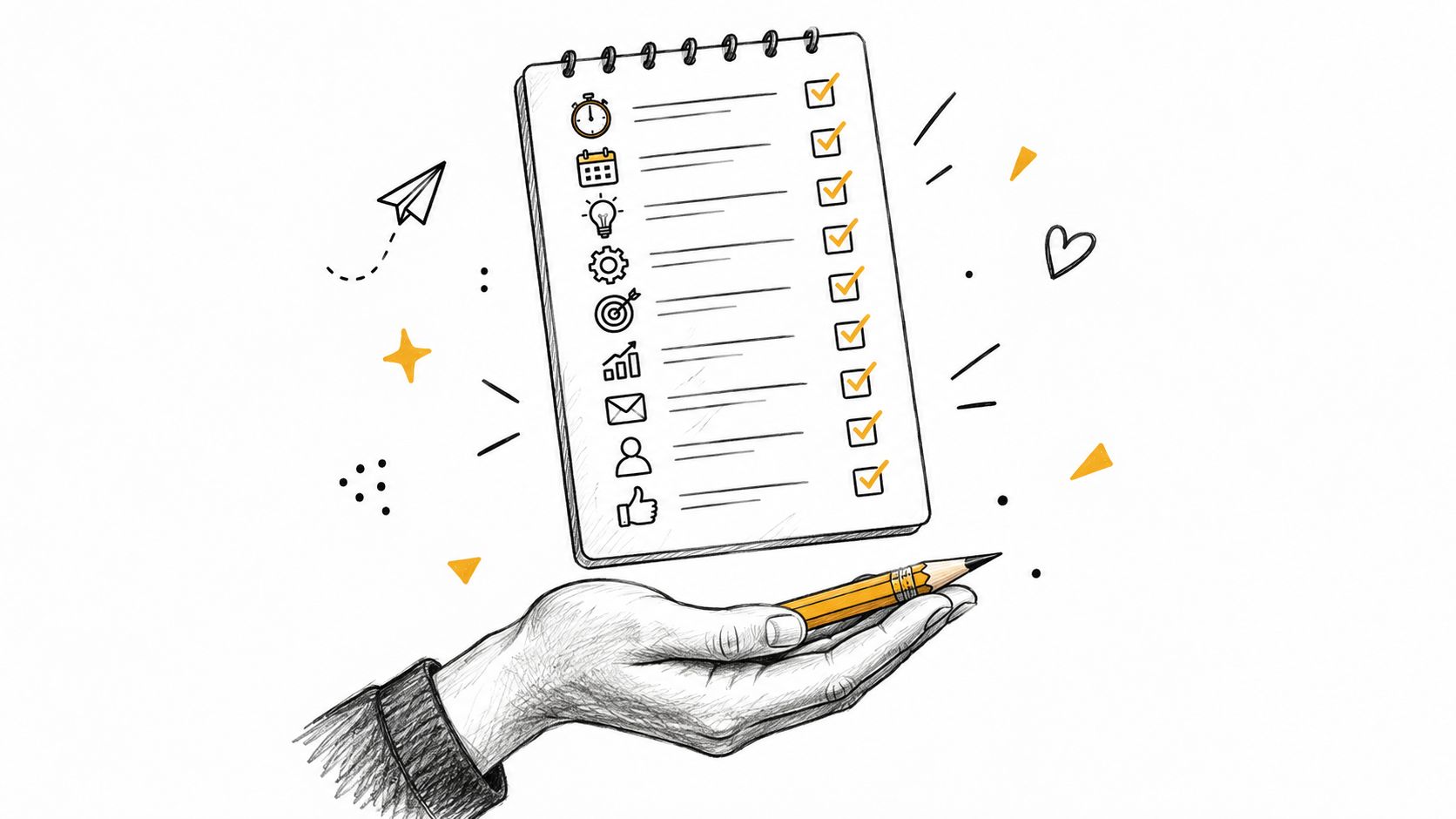 An illustration of a hand holding a pencil beneath a notepad featuring a complete checklist.