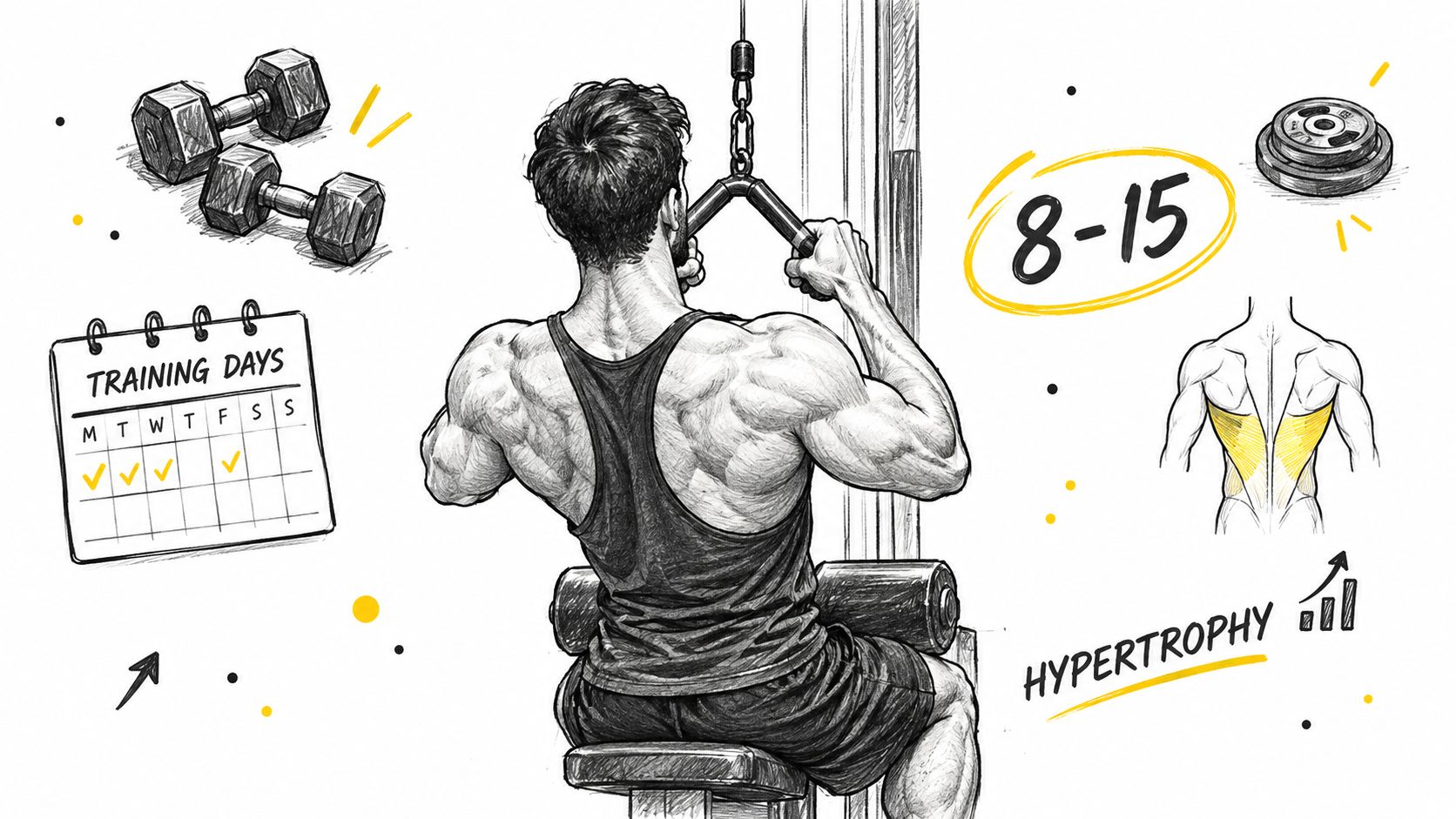 A detailed illustration of a muscular man performing a neutral grip lat pulldown exercise in the gym.