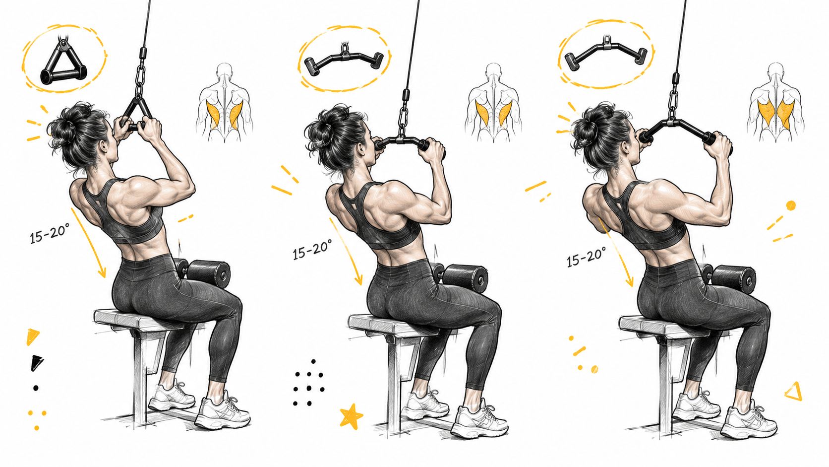 A woman demonstrating the neutral grip lat pulldown exercise using different cable attachment bars in a gym.