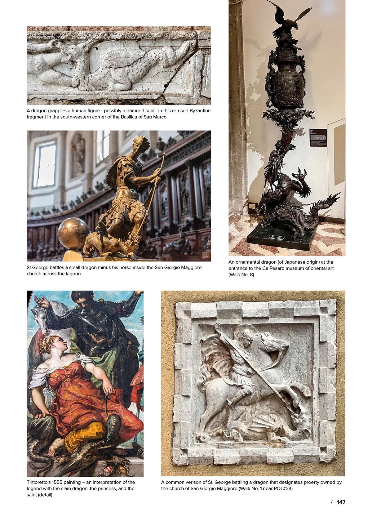 Museum collage of dragon-themed artworks: stone dragon relief, bronze St. George with a dragon, a tall ornate Japanese dragon sculpture, and two relief panels.