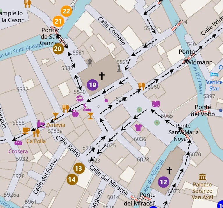 Map of an Italian town showing walking routes with dashed arrows and color-coded pins for eateries, shops, and landmarks along the river/bridges.