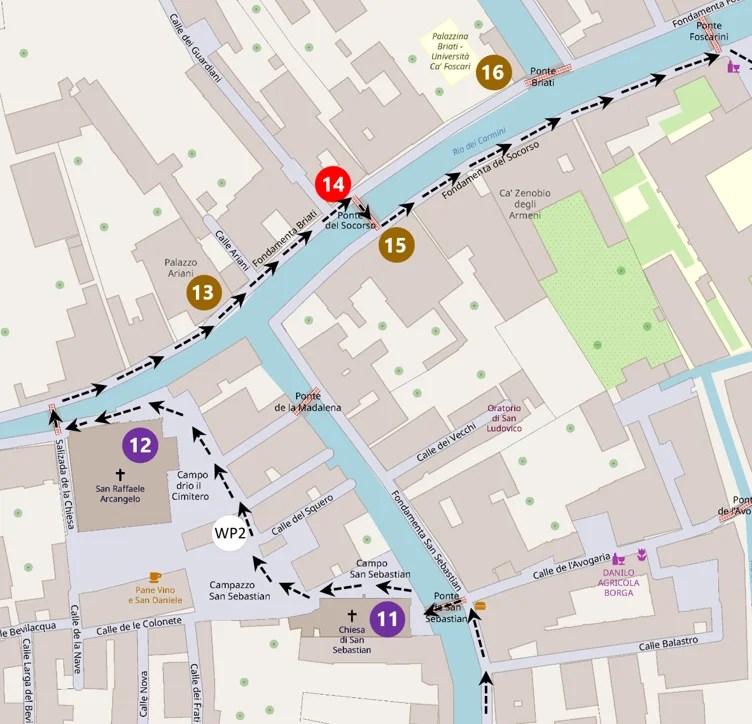 Map showing a walking route along the river through a city center with dashed arrows and stops labeled 11 to 16, including nearby landmarks such as Chiesa di San Sebastian and Palazzo Ariani and Ponte Briati.