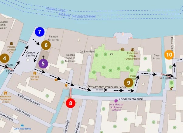 Map of a canal-side walking route with numbered stops 4–10, dashed arrows, and street labels along Fondamenta Venier dei Leoni and nearby paths