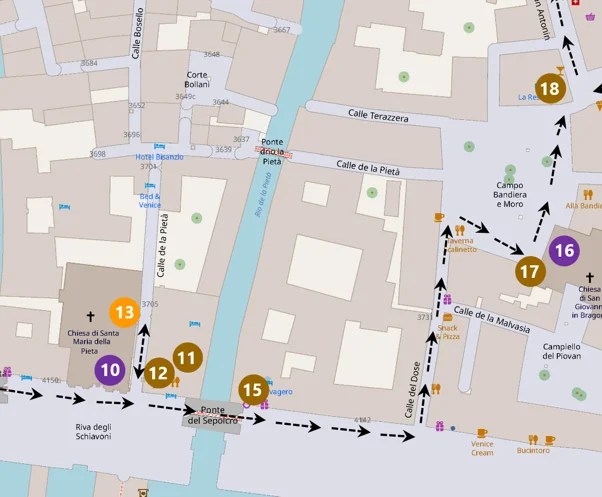 Map of a walking route with numbered stops 10–18 along dotted arrows by Ponte di Pietra and nearby streets?