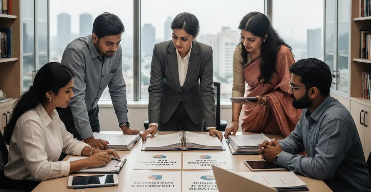 A group of Indian professionals gather around a conference table, reviewing documents related to labour law reforms.