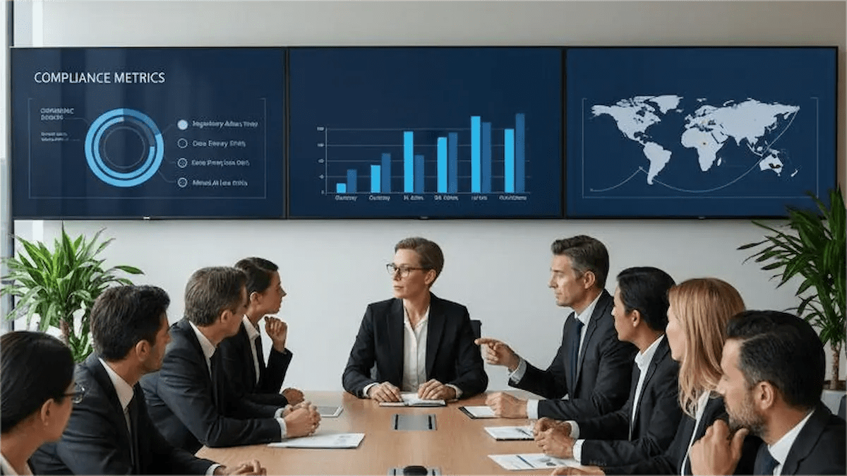 Executives in a boardroom review KPMG reports on AI adoption, workforce skills gaps, compliance metrics, and global market trends.