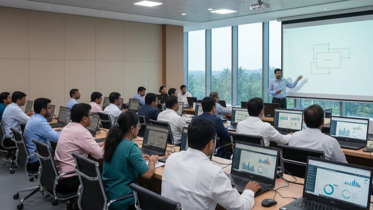 Government officials and professionals attend an AI training session using laptops and data dashboards in a classroom setting in Odisha.