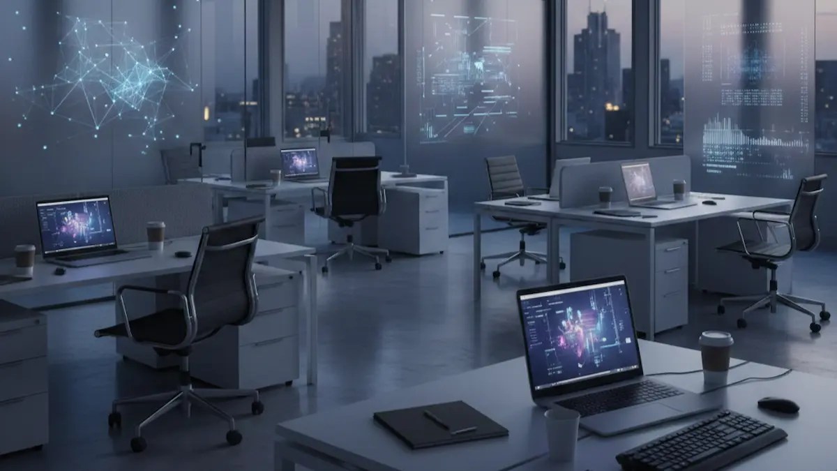 Empty tech office with desks and laptops showing AI interfaces, reflecting tech layoffs 2025 and automation-driven job cuts.