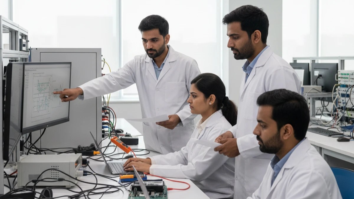 Engineers work on hardware and firmware development in a lab, reflecting Axiado India hiring plans following a $100 million funding round.
