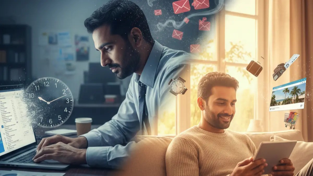 A split-scene image showing a stressed professional working late in an office contrasted with the same person relaxing at home while browsing on a tablet.
