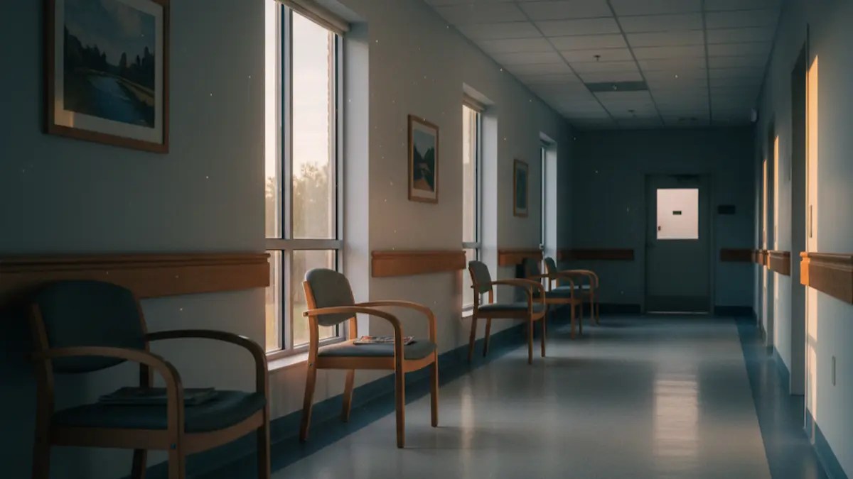 An empty hospital corridor with chairs lined along the wall, soft daylight coming through windows, and a quiet, waiting atmosphere.