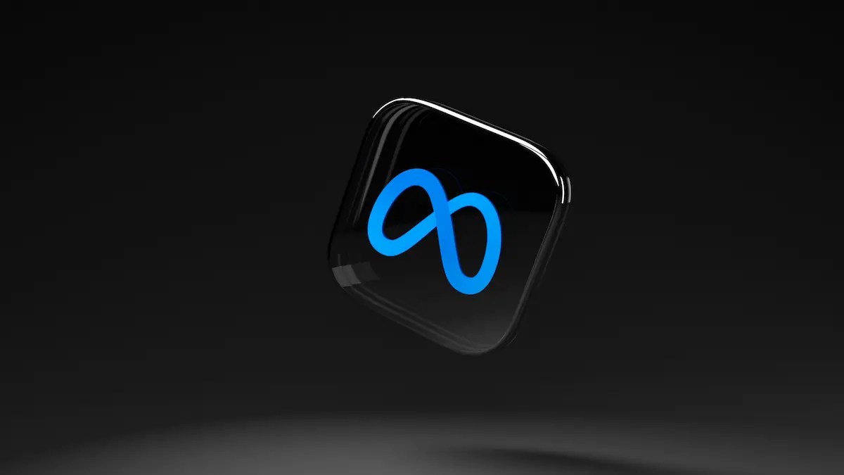 Meta logo displayed as a blue symbol on a dark background.