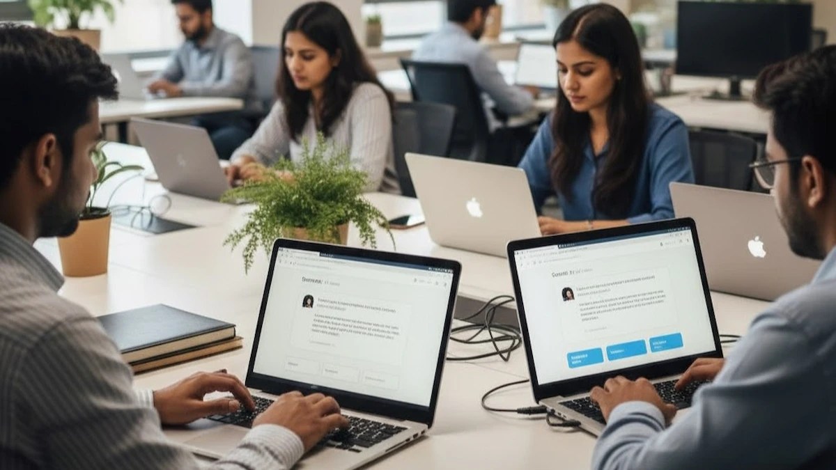 Indian professionals working on laptops with Gmail interfaces showing AI-assisted email summaries and writing suggestions in a modern office.
