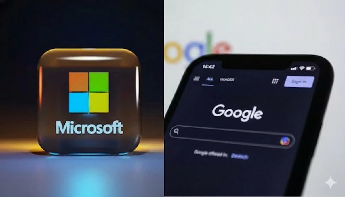 Microsoft and Google logos displayed side by side, representing intensifying competition for specialised talent in energy and AI infrastructure.