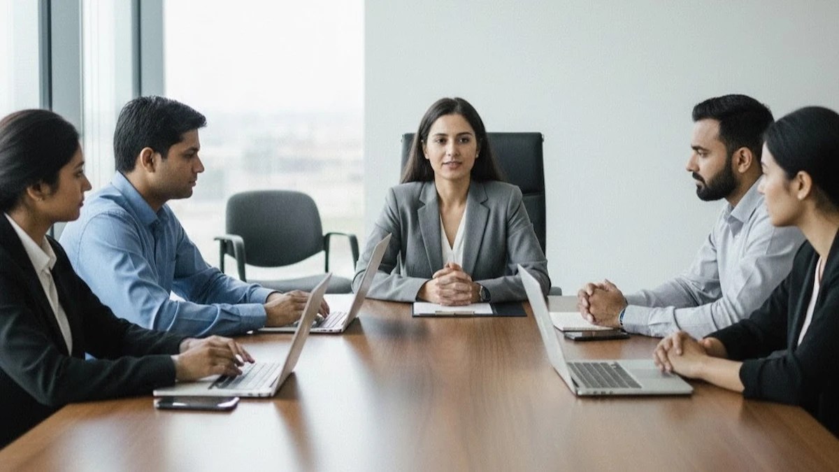 Team members sit in a workplace meeting with polite expressions and restrained body language, reflecting subtle tension in communication.