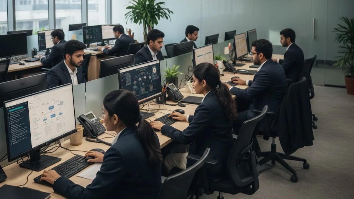 Indian law firm business services staff working at computers as AI-driven restructuring leads to support role layoffs.