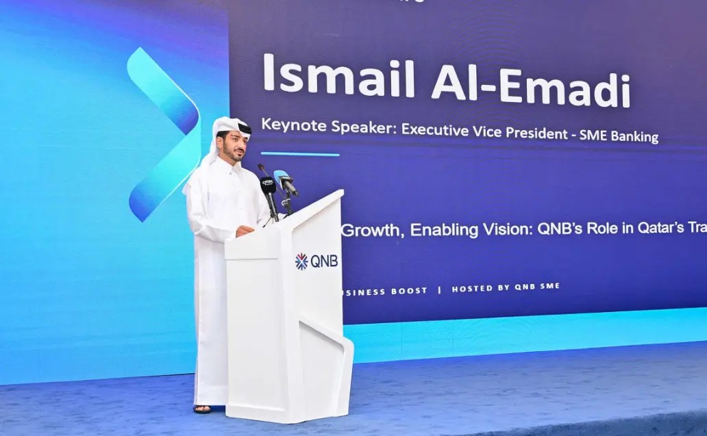 Ismail Mandani Al-Emadi speaking at QNB SME Local Business Boost event in Qatar