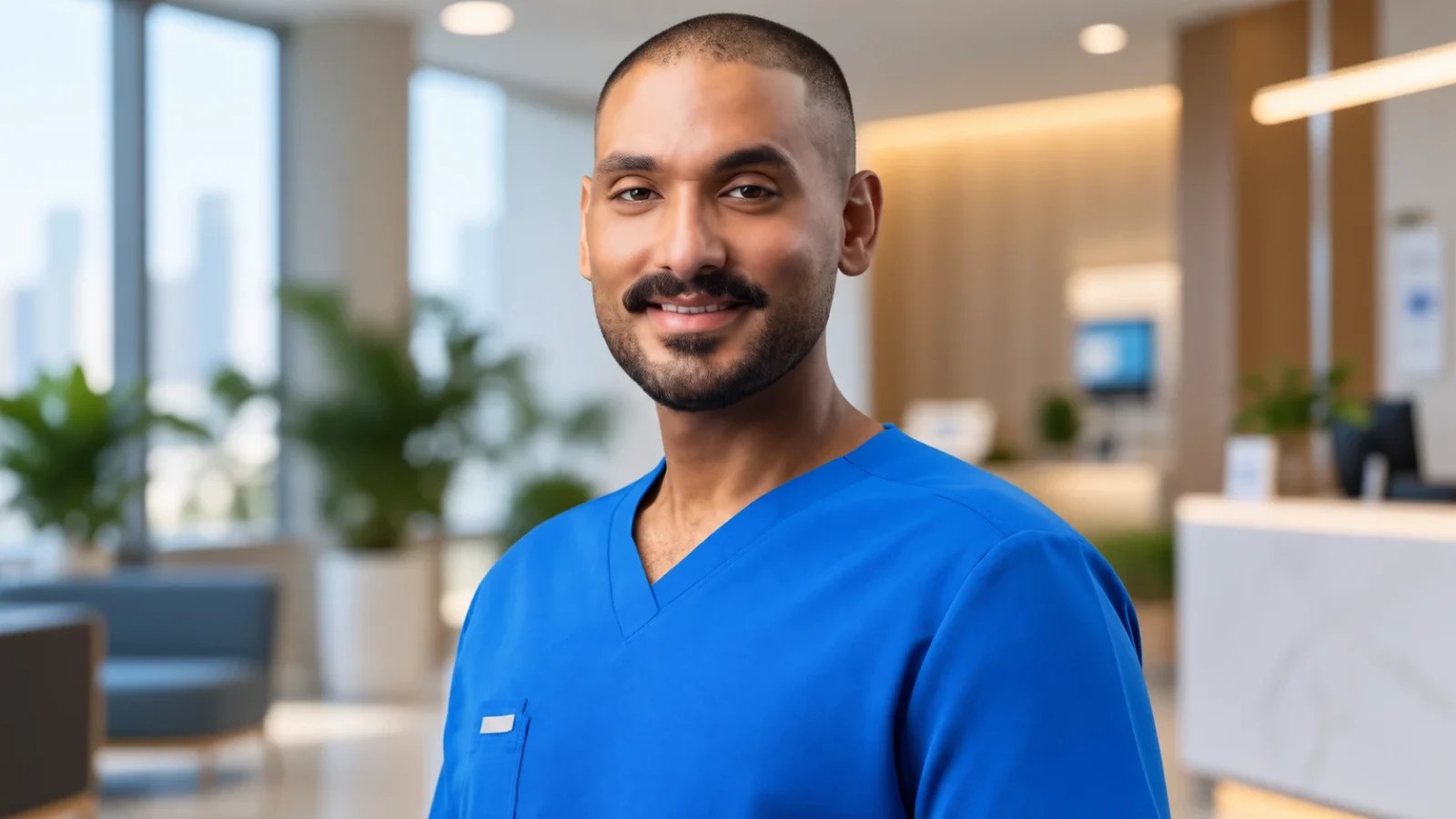 Dr. Ahmed Anwar AlJowder, Dermatologist and Venereologist at Bahrain Specialist Hospital, wearing blue medical scrubs in a modern hospital setting.