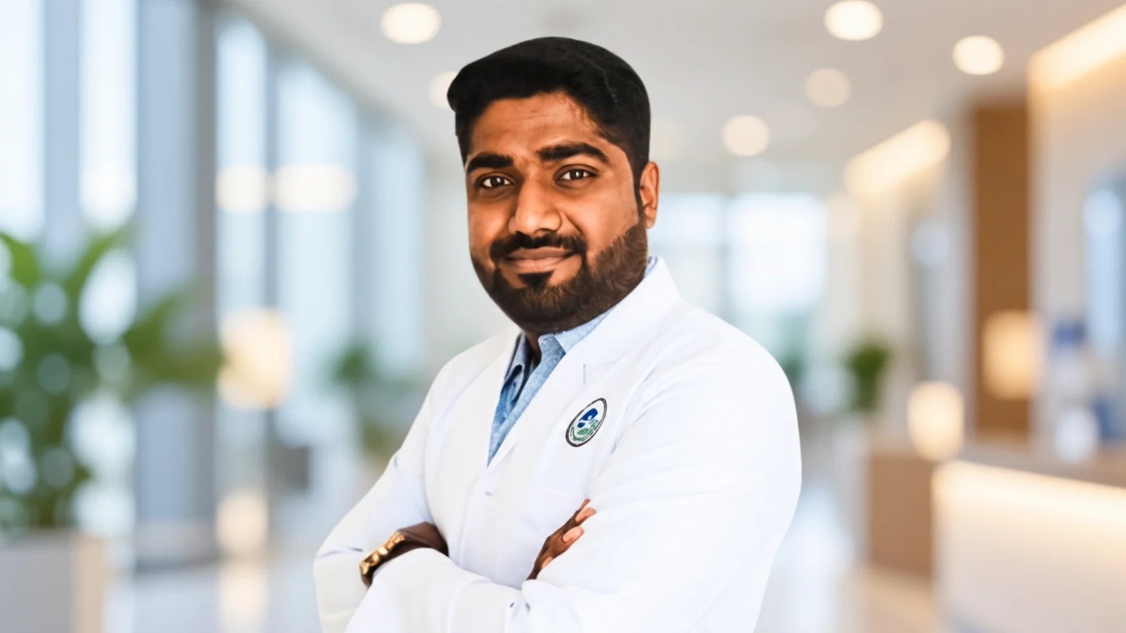 Nithin Mathew, Head of Physiotherapy at Aster Oman Al Khair Hospital, wearing a white medical coat in a modern healthcare setting.