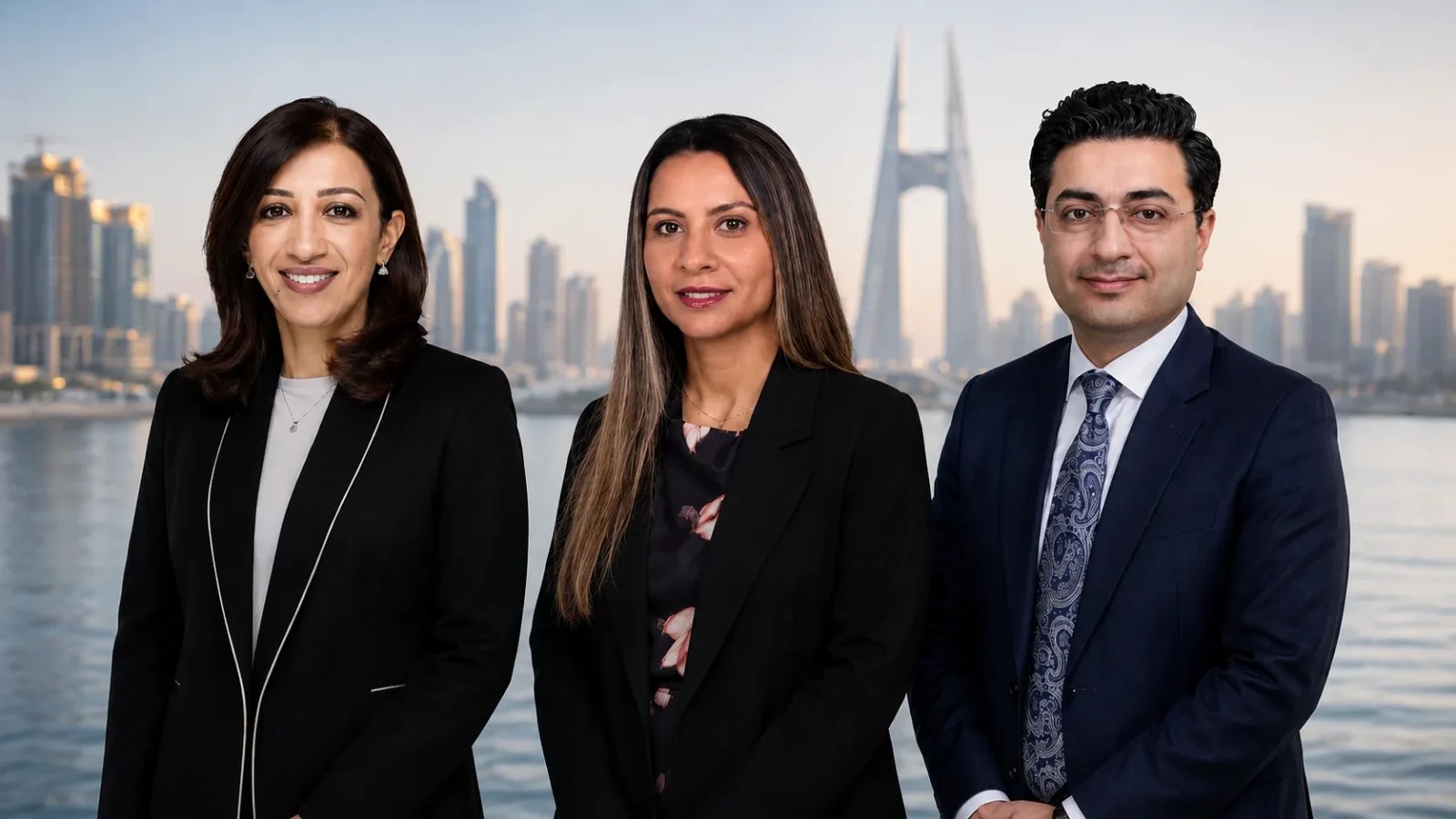 Portrait of Layla Al Qassab, Aisha Salem and Taimur Tufail following their senior management appointments at Aluminium Bahrain (Alba).