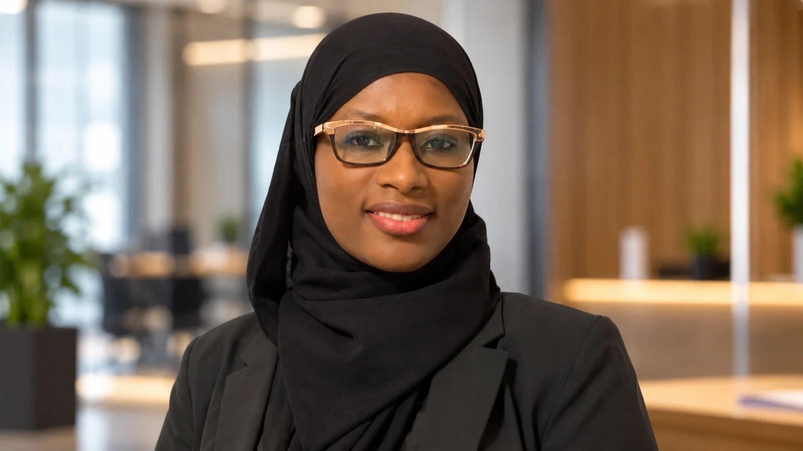 Aminata Dramé, WEDO’s ChooseWOMEN Ambassador for Bahrain, wearing a black hijab, glasses and a black blazer.