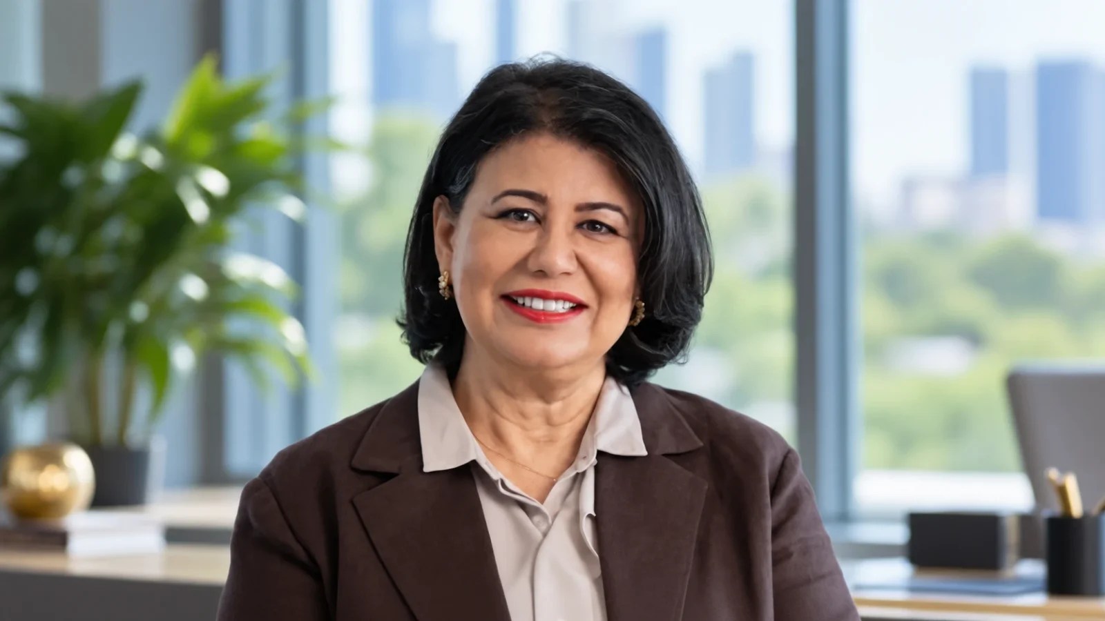 Wafa Almansoori, President of the American University of Bahrain, pictured in a professional office setting.