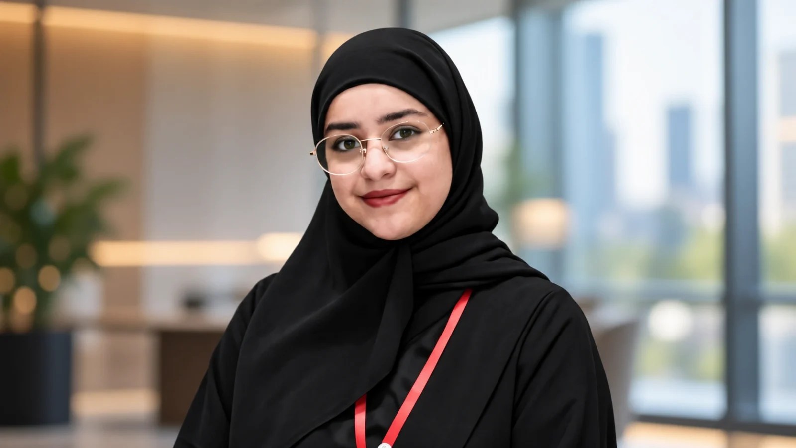 Nawraa Jaber, Vice President of the College of IT Society at the University of Bahrain, wearing a black hijab and glasses.