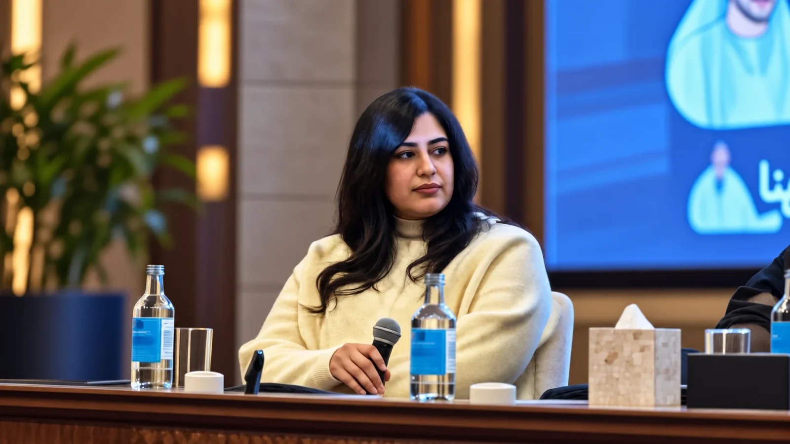 Reem ALQumaish seated at a panel discussion, holding a microphone during an event.