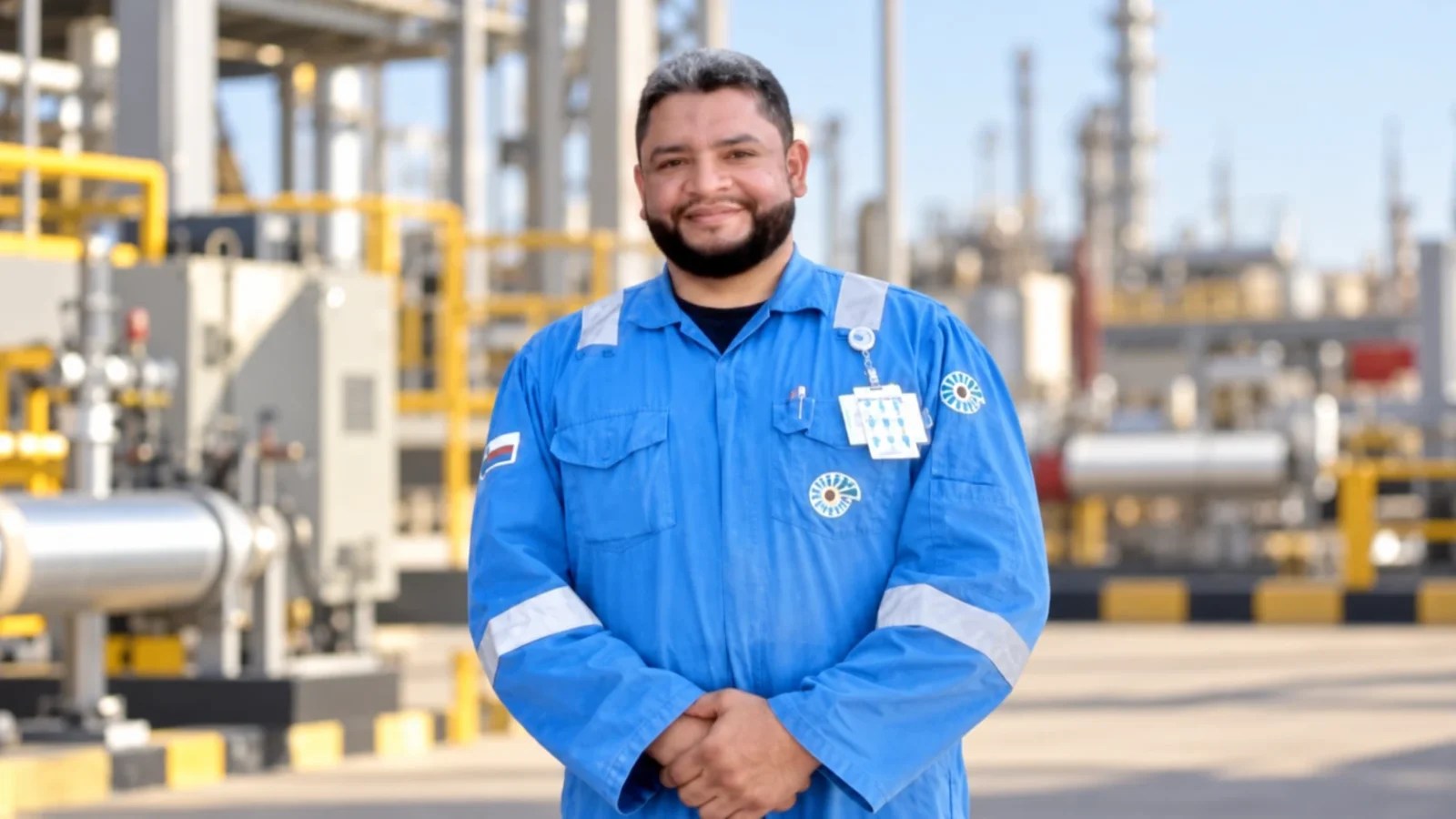 Sultan Al Habsi, Site Lead HSE Advisor for the Yibal Cluster at Petroleum Development Oman, wearing blue industrial workwear at a facility.