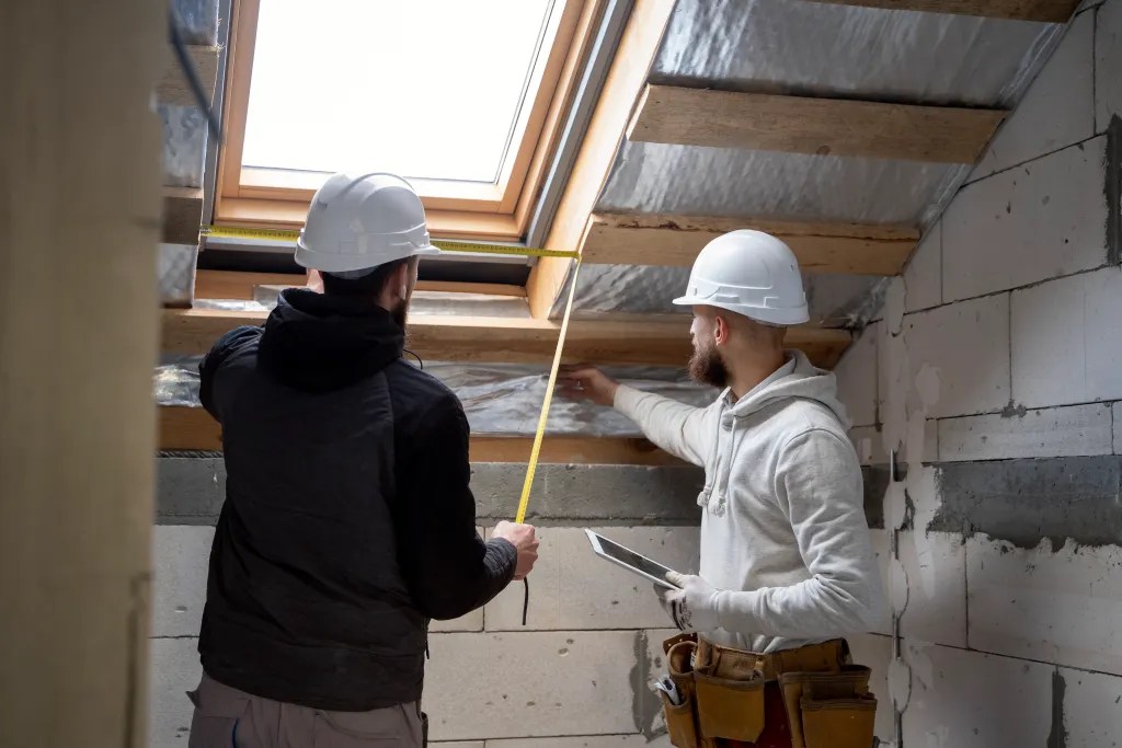 Two construction professionals measuring a loft space beneath a roof window