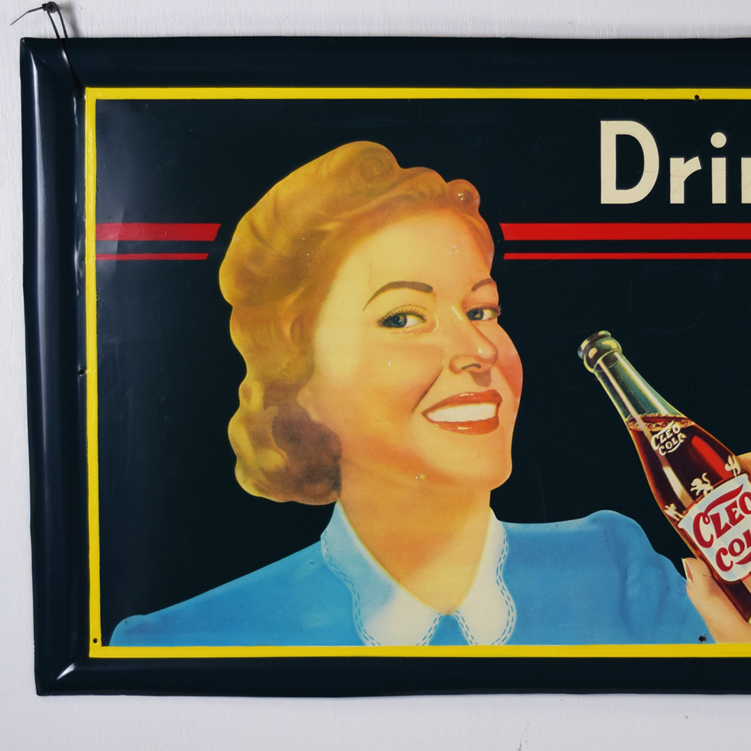 1941 Drink Cleo Cola Embossed Self Framed Tin Sign Vess Beverage