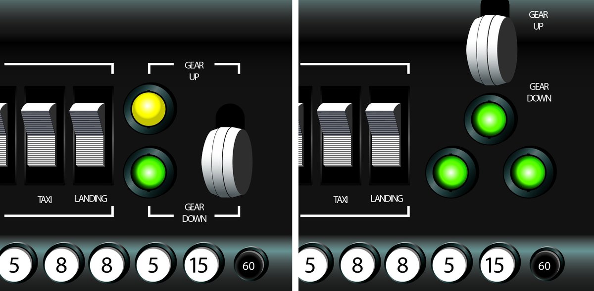 Two landing gear panels: a wheel-shaped gear switch with an amber up light and a green down light, and a version with three green down-and-locked lights