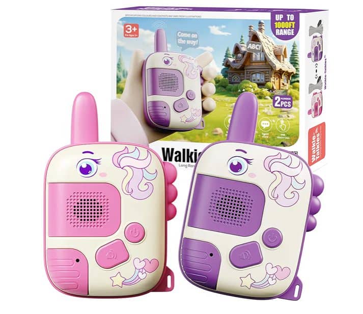 Kid-friendly pink and purple walkie talkies for children aged 3+.